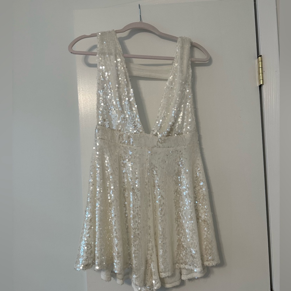 Akira white sequin plunge neck romper